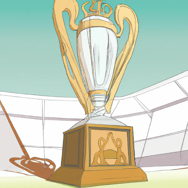 "A trophy with the Real Madrid emblem. It's a sunny day, and the trophy is displayed on a pedestal in the center of a soccer stadium.", monumental pastels style — DALL·E2