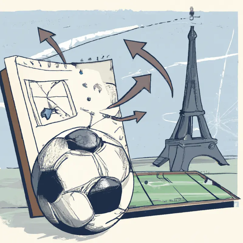 "A soccer ball with the Eiffel Tower in the background, and a strategy playbook open next to it", subtle vintage illustration style — DALL·E2