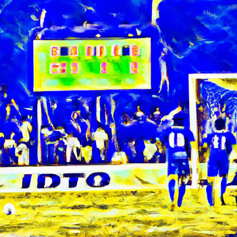 "A detailed illustration of a soccer match scene showing players from two teams in mid-action on the field, with a scoreboard in the background displaying a winning score for Al-Hilal and flags celebrating their unbeaten championship victory.", ecstatic oil painting style — DALL·E2
