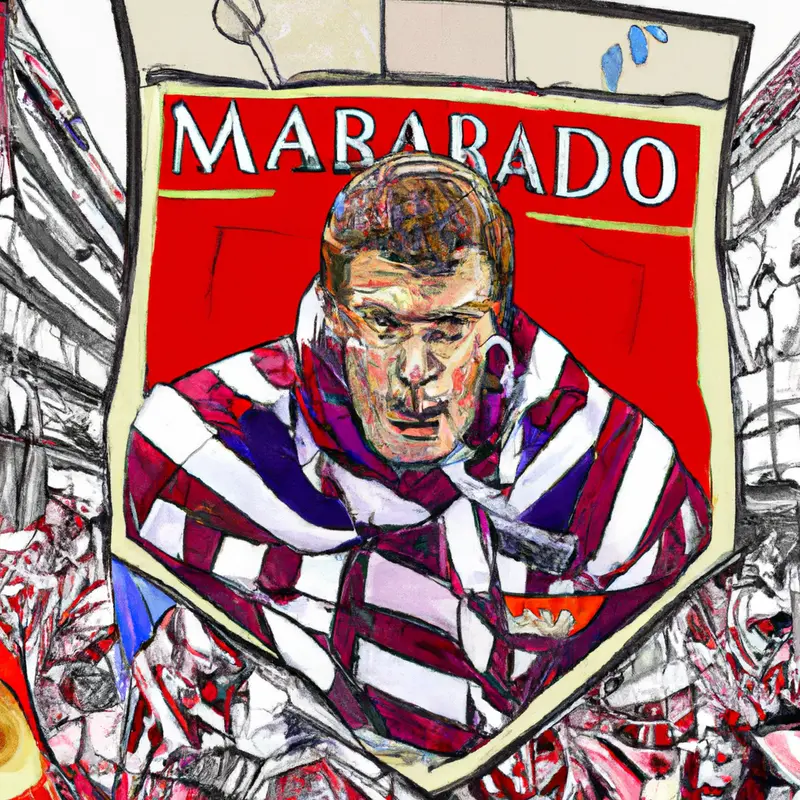 "An image of the Atlético de Madrid emblem superimposed with a hand-drawn portrait of Robin Le Normand, all framed by the busy streets of Madrid with soccer fans carrying flags and scarves.", monumental digital painting style — DALL·E2