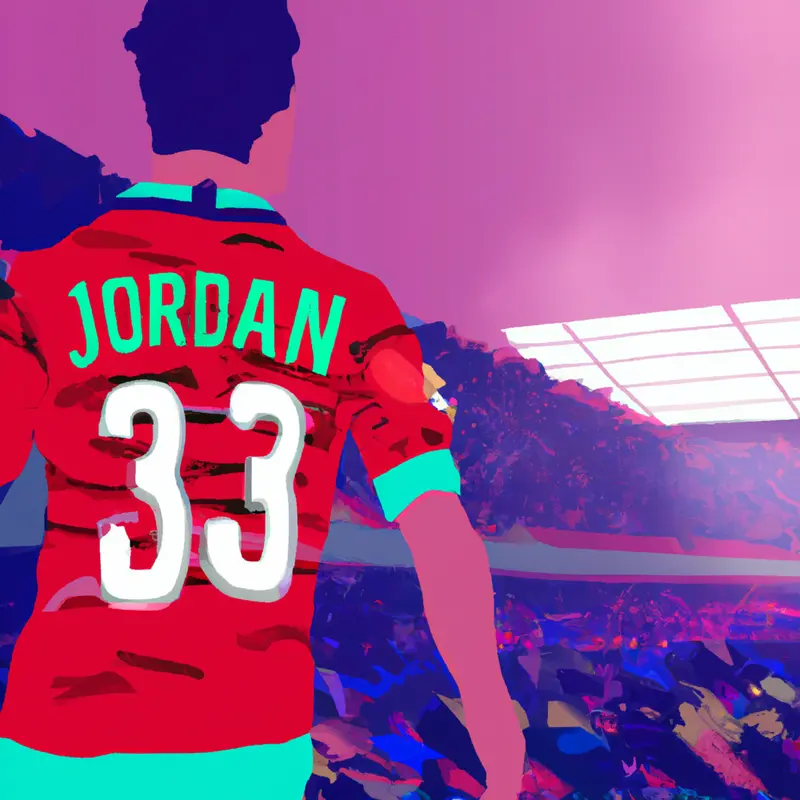 "An illustrated Arsenal jersey with the number 32 and the name 'Jorginho' visible, placed against a backdrop of a soccer stadium filled with cheering fans.", expressive vaporwave style — DALL·E2