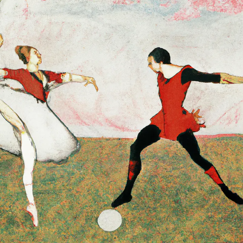 "An artistic rendering showing two classical ballet dancers on a football field, each wearing the respective team colors of Arsenal and Bournemouth, engaged in a dance-off with a soccer ball at their feet.", dynamic Ukiyo-e style — DALL·E2