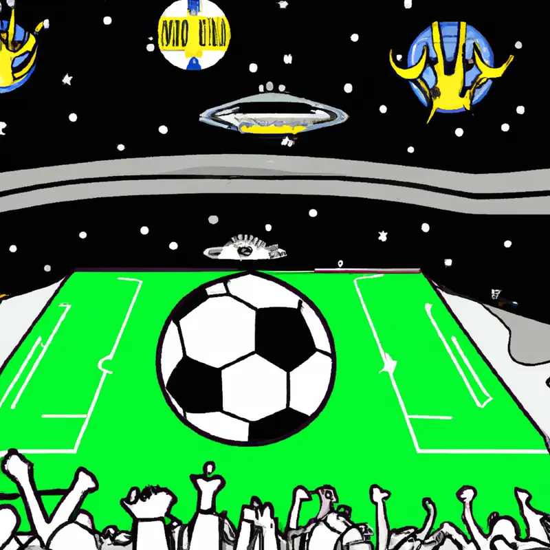 "A drawing of the Wembley stadium filled with fans, with flags for Real Madrid and Borussia Dortmund waving among the crowd. In the foreground, a soccer ball with the Champions League logo.", ecstatic sci-fi style — DALL·E2