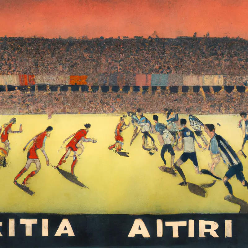 "A soccer field under the bright lights of an evening match, with two opposing teams ready to kick-off, a scoreboard in the background showing 'Girona vs Alaves', and a bustling crowd filling the stadium", monumental Ukiyo-e style — DALL·E2