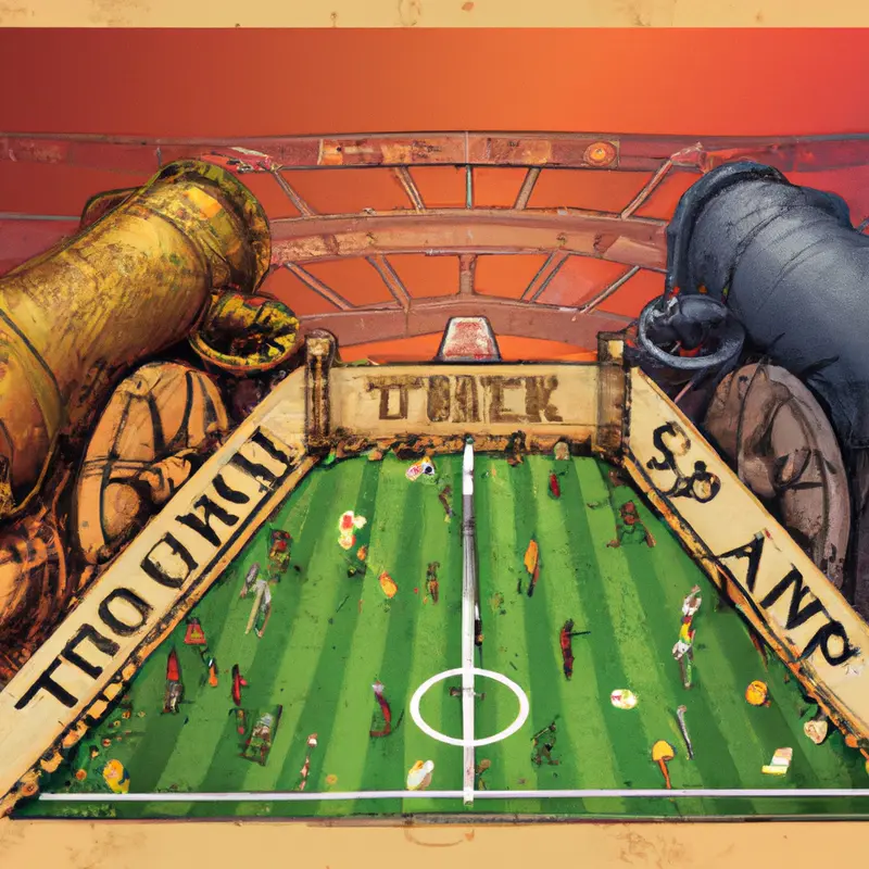 "An illustration of a split soccer field, one half showing a shiny European cup under a spotlight, and the other half depicting players from Lyon and Rennes reaching towards it but separated by a large barrier.", saturated steampunk style — DALL·E2