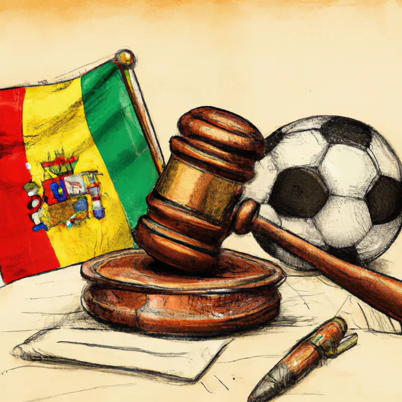 "A judge's gavel resting on a soccer ball with the flags of Spain, UEFA, and FIFA in the background", colourful vintage illustration style — DALL·E2