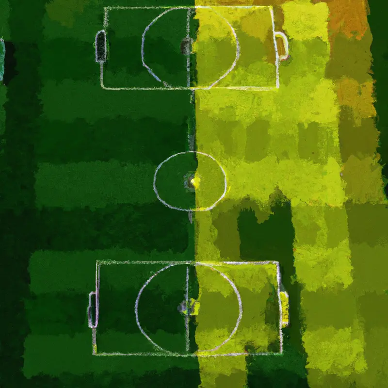 "An image of a soccer field from above, with one half bathed in shadows and the other in sunlight, symbolizing the sudden departure of a coach before the season ends.", vivid oil painting style — DALL·E2