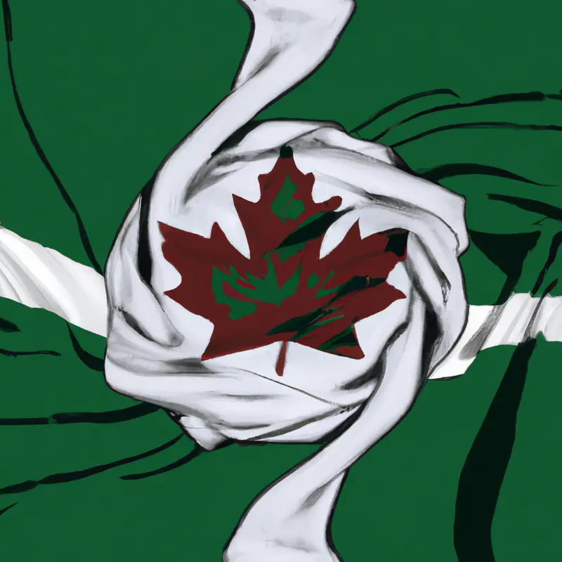 "An image of a green and white soccer scarf swirling in the wind, with the iconic logo of AS Saint-Étienne on one end, and on the other end, a Canadian maple leaf blending into the design.", elegant airbrush style — DALL·E2
