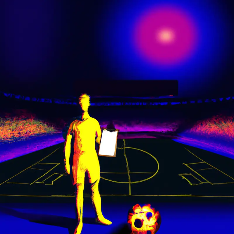 "An illustration of a golden soccer ball shining brightly over a stadium at night, with the shadow of a man holding a clipboard standing near the field.", psychedelic vaporwave style — DALL·E2
