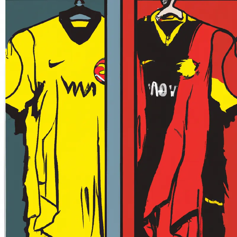 "Two soccer team jerseys, one from Borussia Dortmund and one from Girona, hanging side by side in a locker room, symbolizing their unexpected rise in European soccer.", rich Ukiyo-e style — DALL·E2