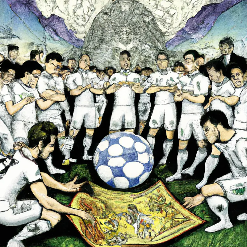 "An illustration featuring the Real Madrid players gathered in a huddle, looking determined and focused, with visible images of the Champions League trophy and stacks of euros in the background, highlighting the promise of a significant bonus for winning. The soccer ball is prominently displayed at their feet.", psychedelic Ukiyo-e style — DALL·E2