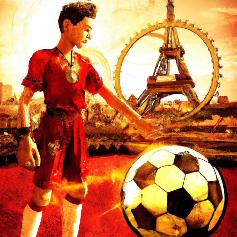 "A young football player wearing AS Monaco's red and white uniform looking at a golden soccer ball with the Eiffel Tower and Olympic rings in the background.", saturated steampunk style — DALL·E2