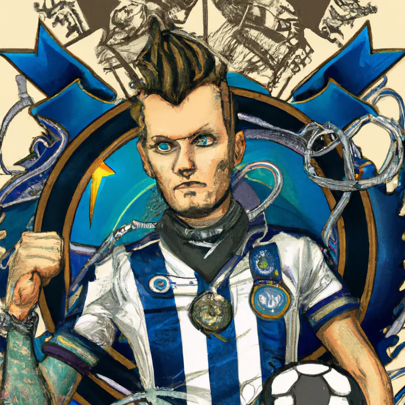 "An illustration of Jamie Vardy wearing a Leicester soccer jersey, holding a soccer ball, and surrounded by fans chanting and waving flags in the background.", energetic steampunk style — DALL·E2
