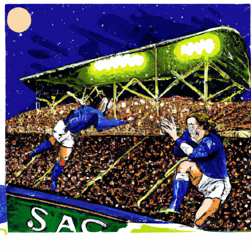 "An illustration of a vibrant Stamford Bridge under the night sky, with two soccer players in the air competing for a football during a corner kick, surrounded by excited fans.", distorted vintage illustration style — DALL·E2
