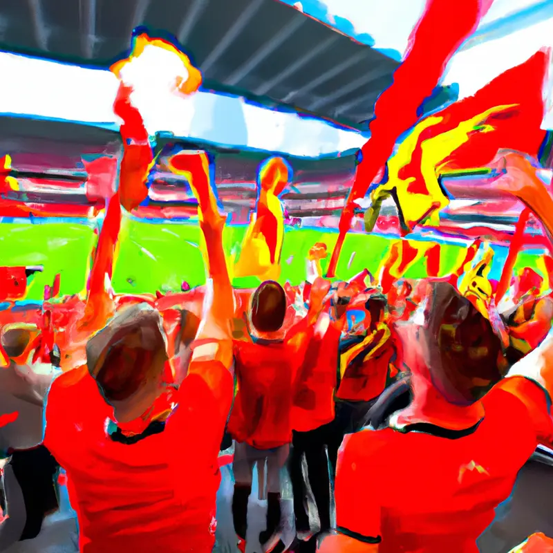"A vibrant and packed soccer stadium with fans waving flags, in the foreground, four soccer players wearing Almere City jerseys celebrate a goal.", colourful airbrush style — DALL·E2