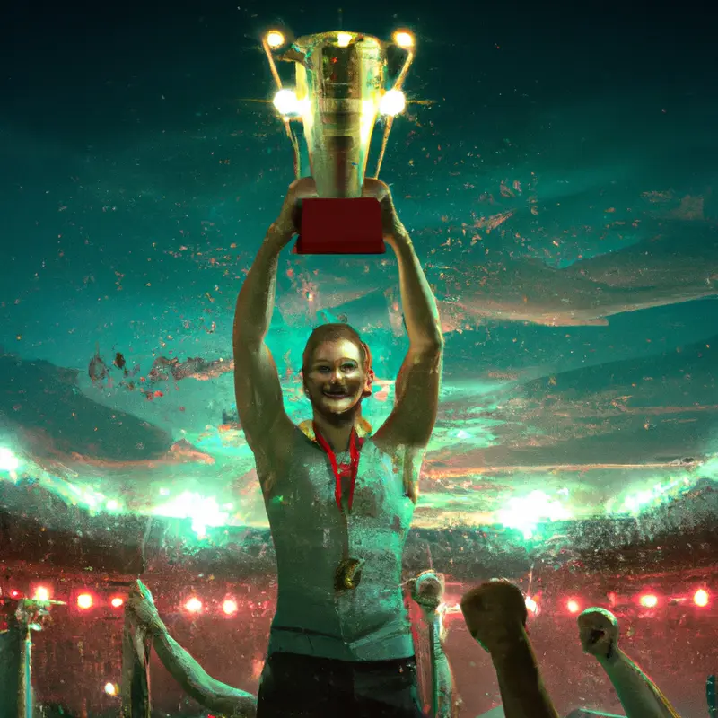 "An image of a smiling man holding a football trophy high in the air, with joyful players celebrating around him in a stadium.", saturated cyberpunk style — DALL·E2