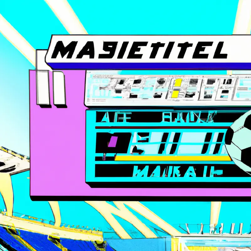 "A vibrant soccer stadium filled with fans, a scoreboard showing 1-1, with the Marseille and Atalanta Bergame team logos visible", brash vaporwave style — DALL·E2
