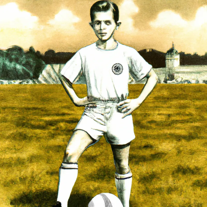 "A young soccer player in a Real Madrid jersey standing on a grass field with a soccer ball at his feet, looking confidently towards the camera. The Bernabeu Stadium is visible in the background, and the sky is clear and blue.", chaotic vintage illustration style — DALL·E2