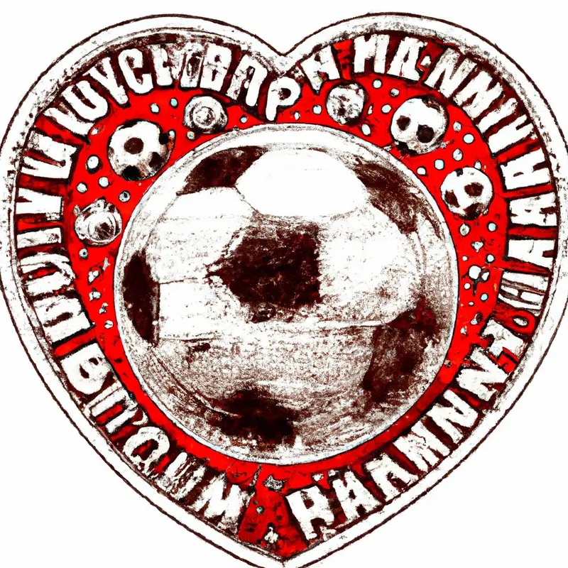 "An image of a heart-shaped soccer ball with the Bayern Munich logo in the center. Around the ball, various coaching figures are illustrated as if they are dancing around it in a rather theatrical fashion.", distorted vintage illustration style — DALL·E2