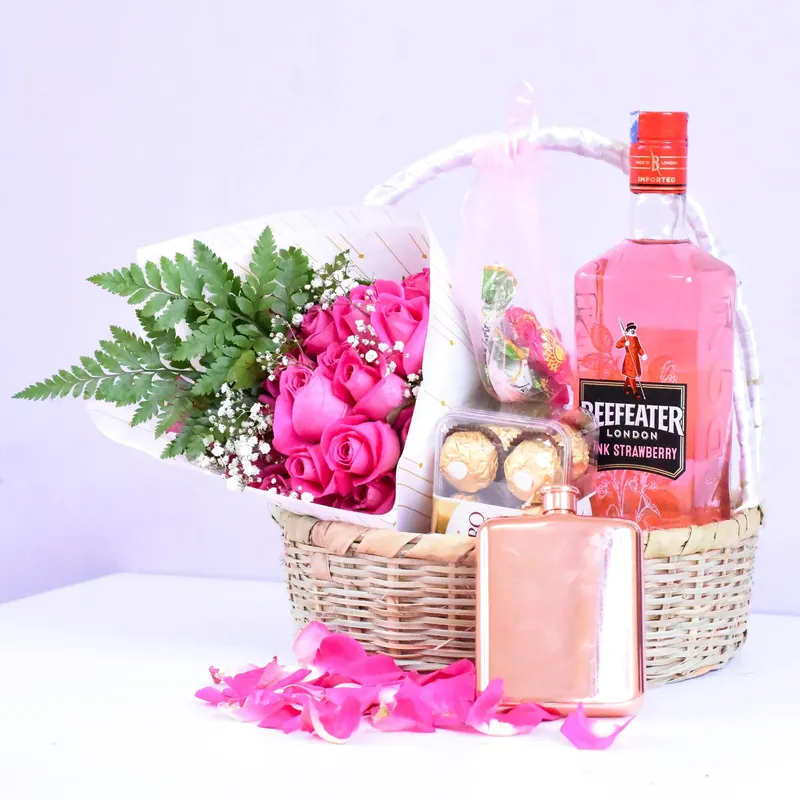 Beefeater Pink Gin and Pink Flower Basket 