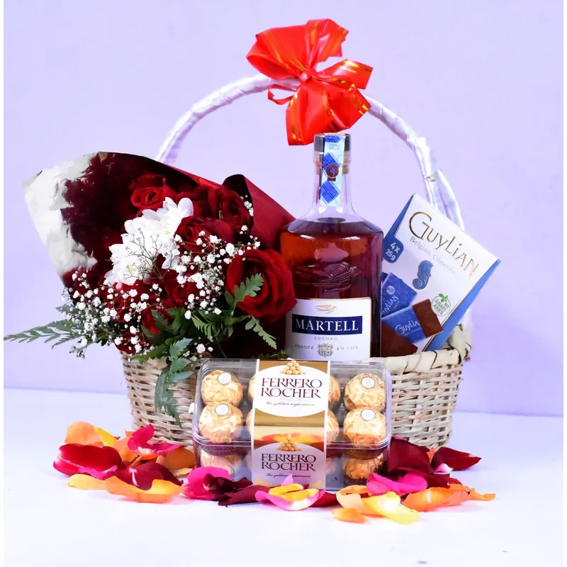 Martel Cognac and Red Roses Gift Basket 