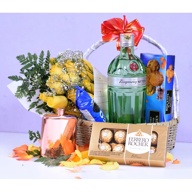 Tanqueray Gin & Yellow Roses Gift Basket 