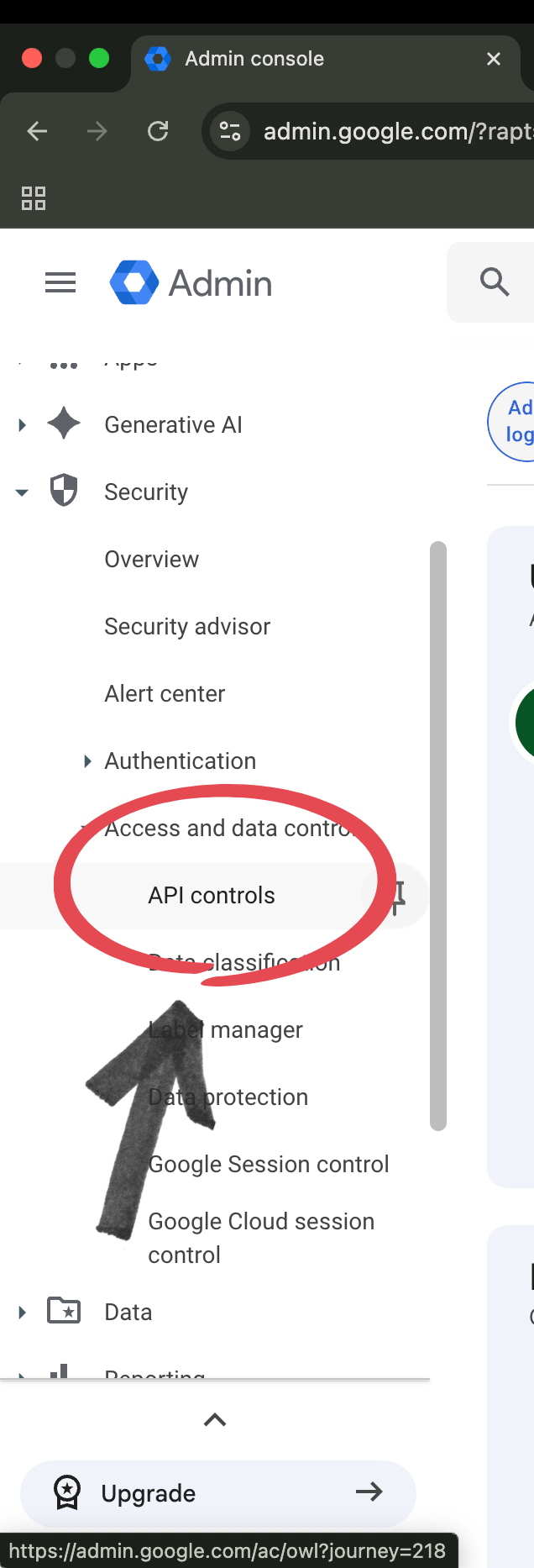 Google Admin: Security → Access and data control → API controls