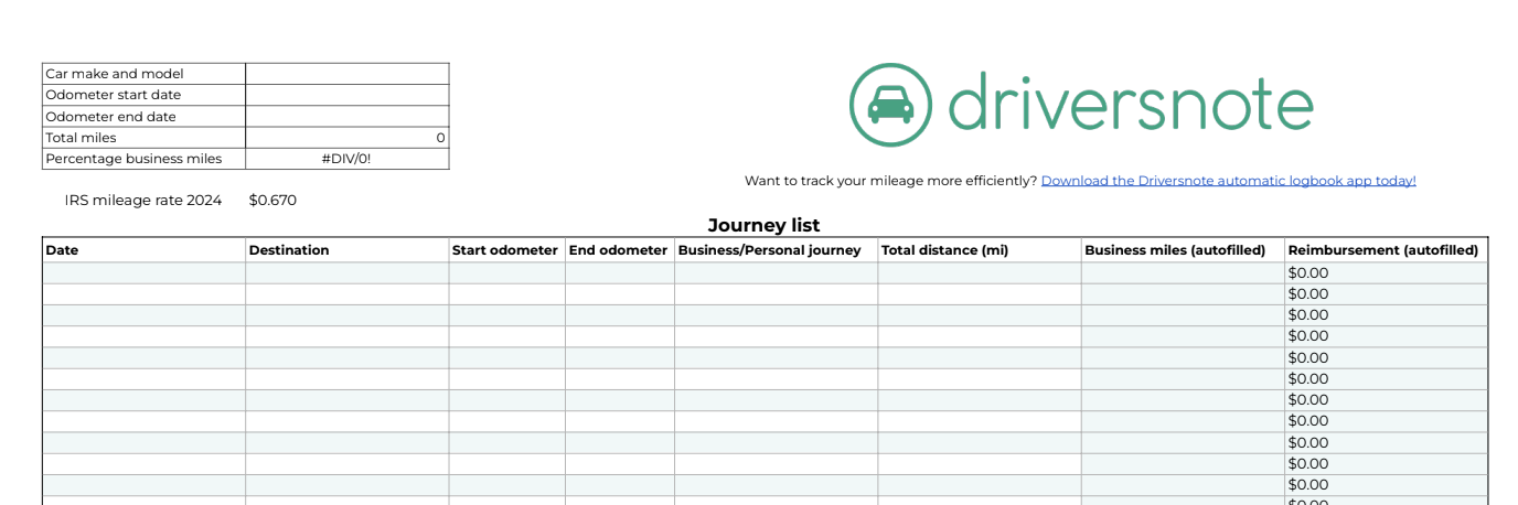 Mileage Log Template Free Excel PDF Versions IRS Compliant