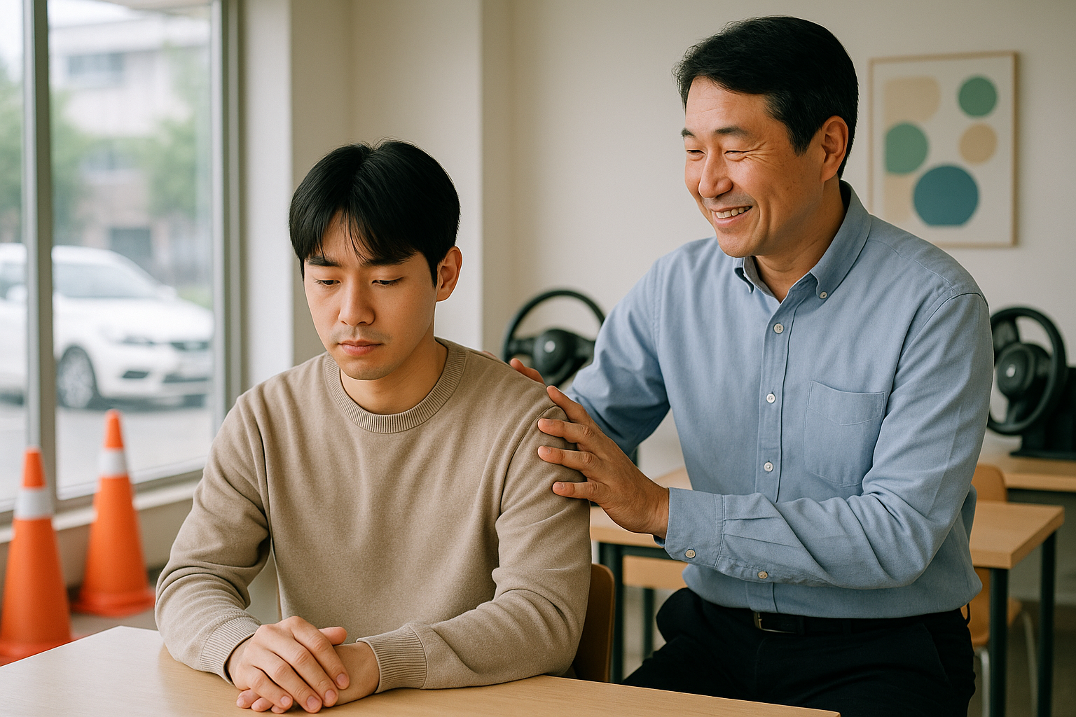 A person looking at a driving test score sheet with a mix of disappointment and determination