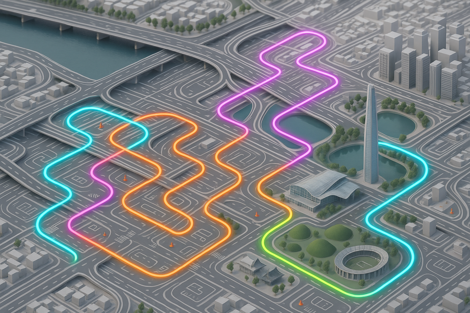 Stylized 3D map of Gangnam and Songpa area in Seoul