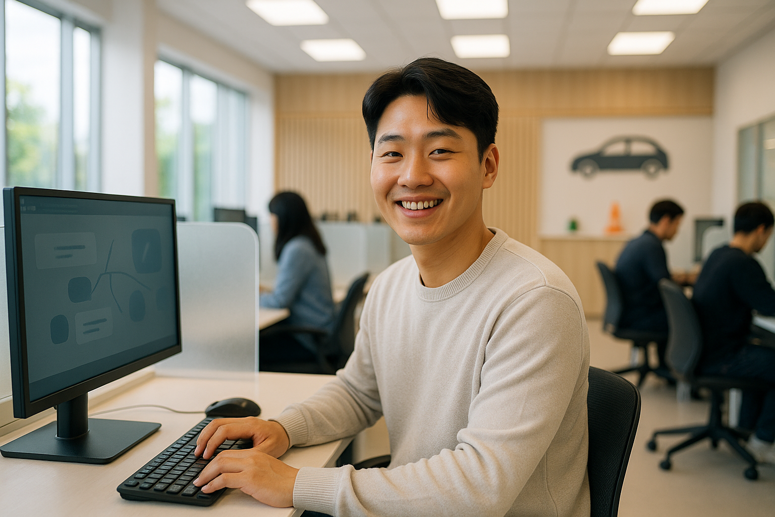 A young Asian person smiling confidently while sitting at a computer in a modern driving test center