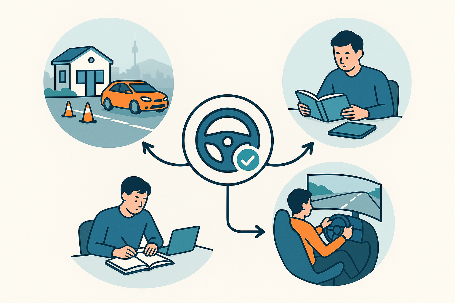 Three icons representing a driving school, a person studying alone, and a driving simulator