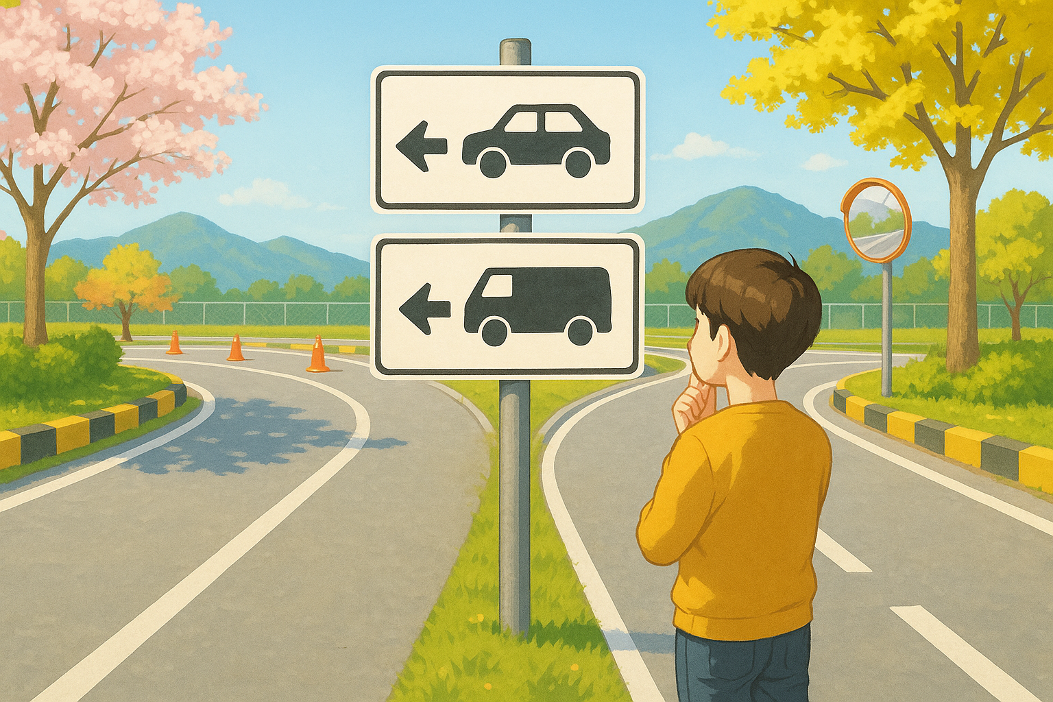 A young person thoughtfully looking at two road signs at a fork in the road