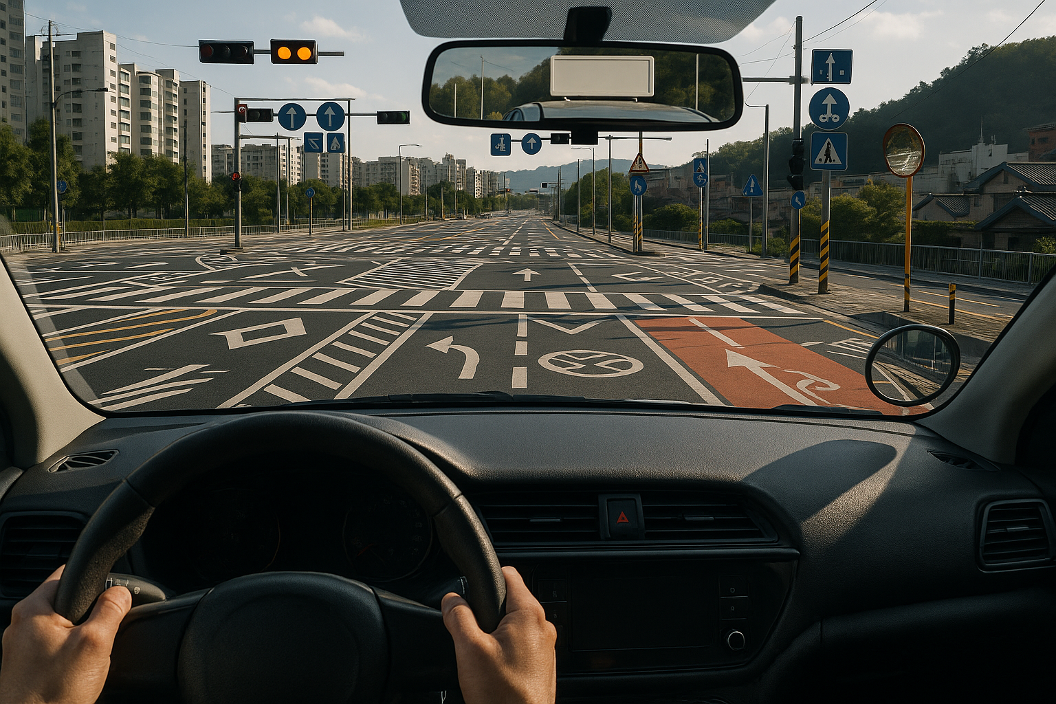 A confusing array of road markings and traffic signs at a complex intersection
