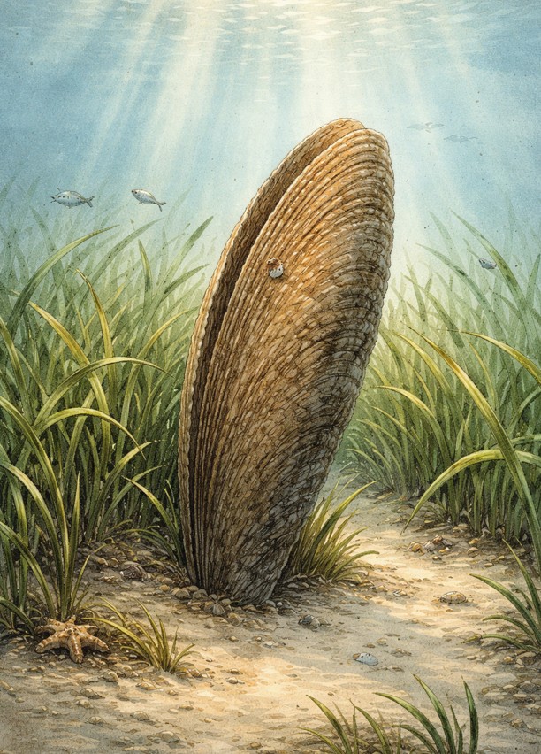 Noble pen shells (Pinna nobilis) standing upright in a seagrass meadow — an impression of how they once appeared on the Adriatic seabed. (Illustration)