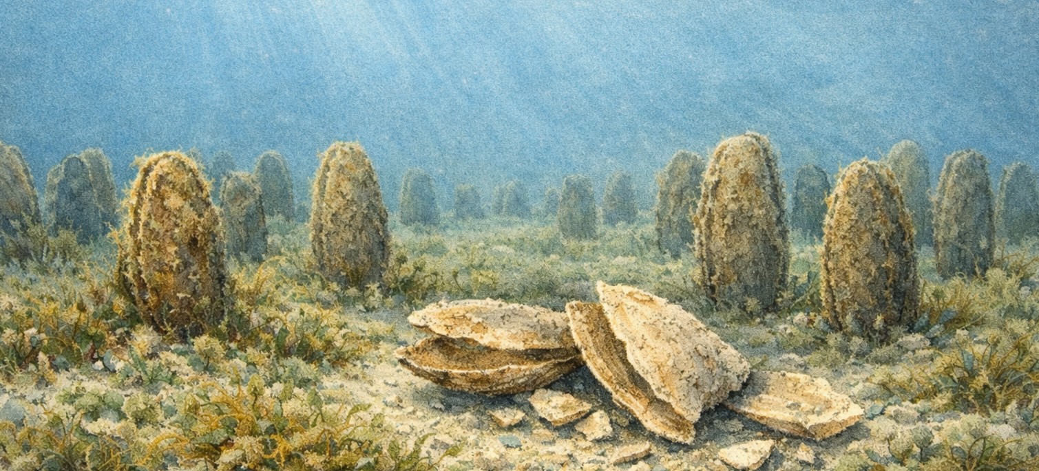 Standing shells and broken remains on the seabed, a scene that became increasingly common after the mass mortality events of the late 2010s. (Illustration)