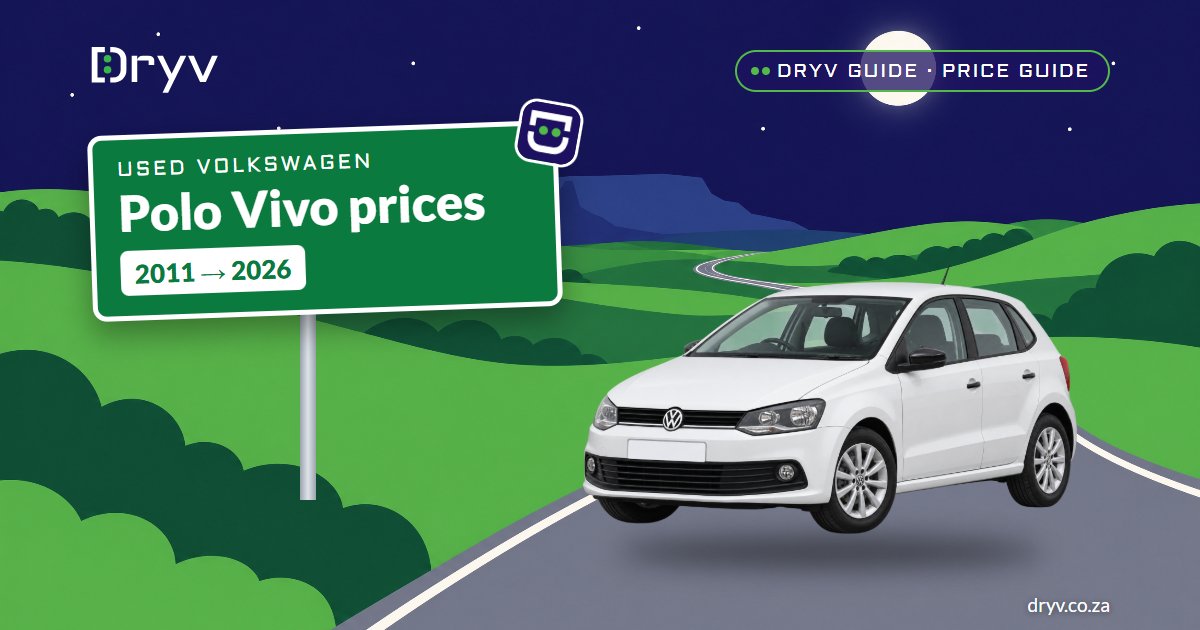 A white Volkswagen Polo Vivo on an illustrated country road beside a green highway sign reading Used Volkswagen Polo Vivo prices, 2011 to 2026