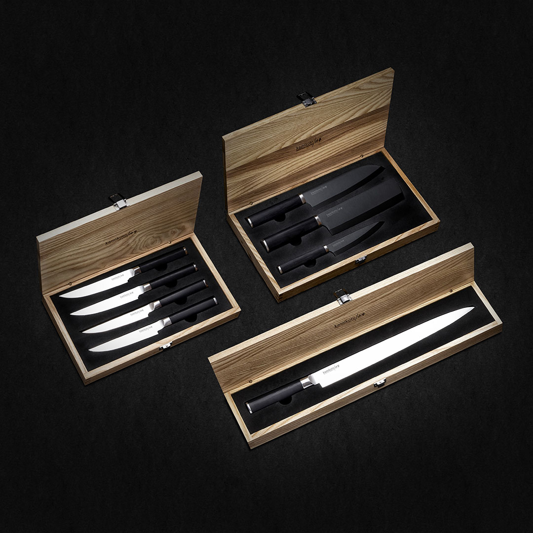 Kamikoto Kuro Series 3 Pc Knife Set Wooden Case Black w/Silver