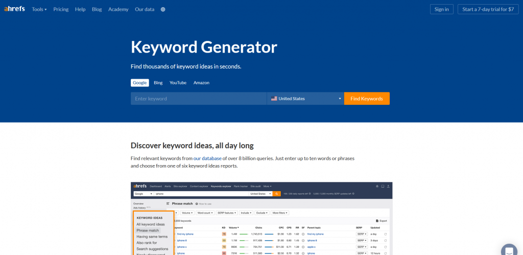 Keyword Generator by ahrefs