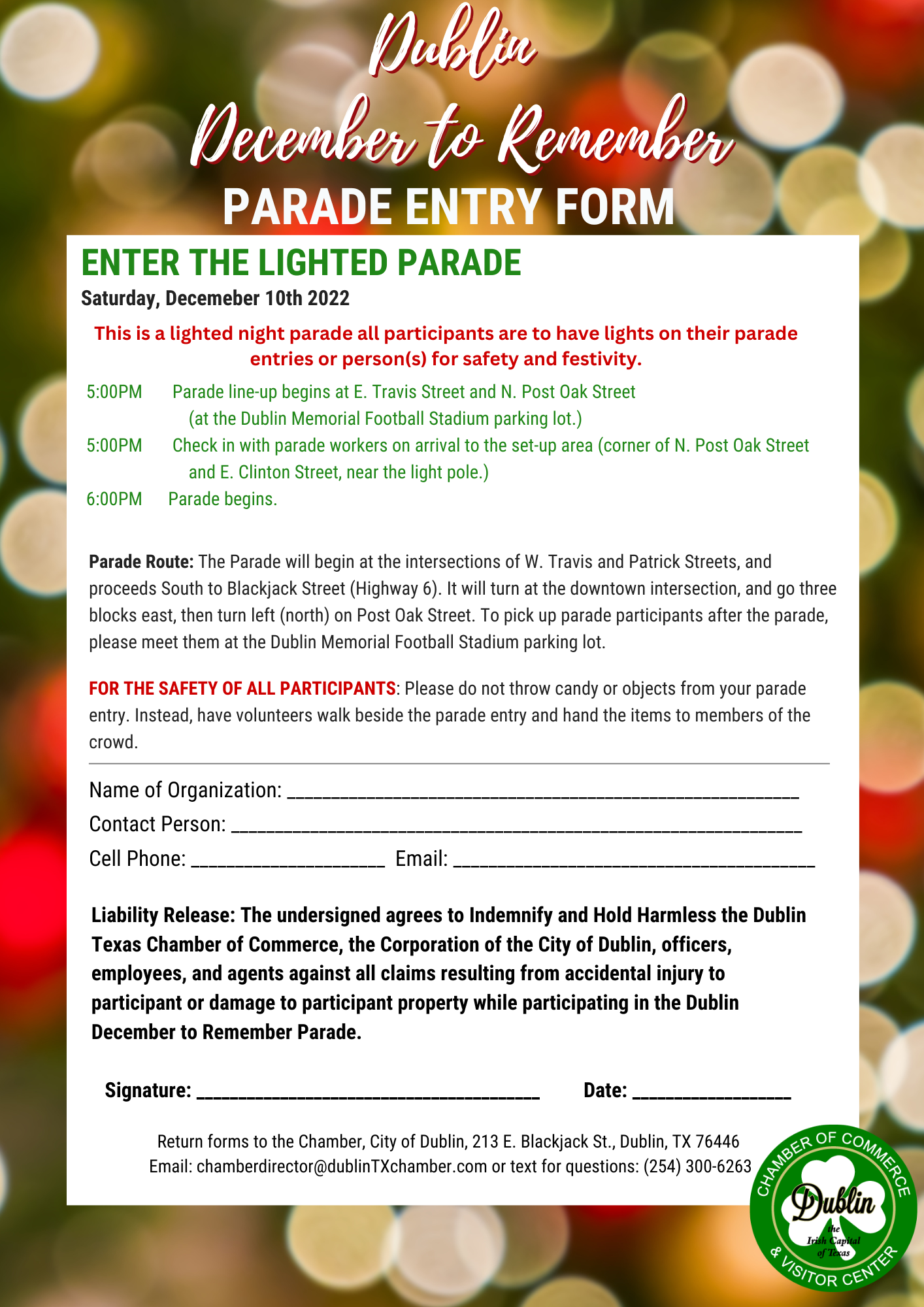 Parade Entry Form for Christmas 2022