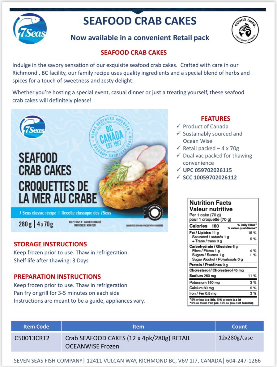 CRAB Seafood CAKES (12x 4pk/280g RETAIL 7Seas) Oceanwise Frozen