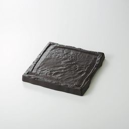 Dark Brown Soil Square Plate (炭化土　彫込皿)