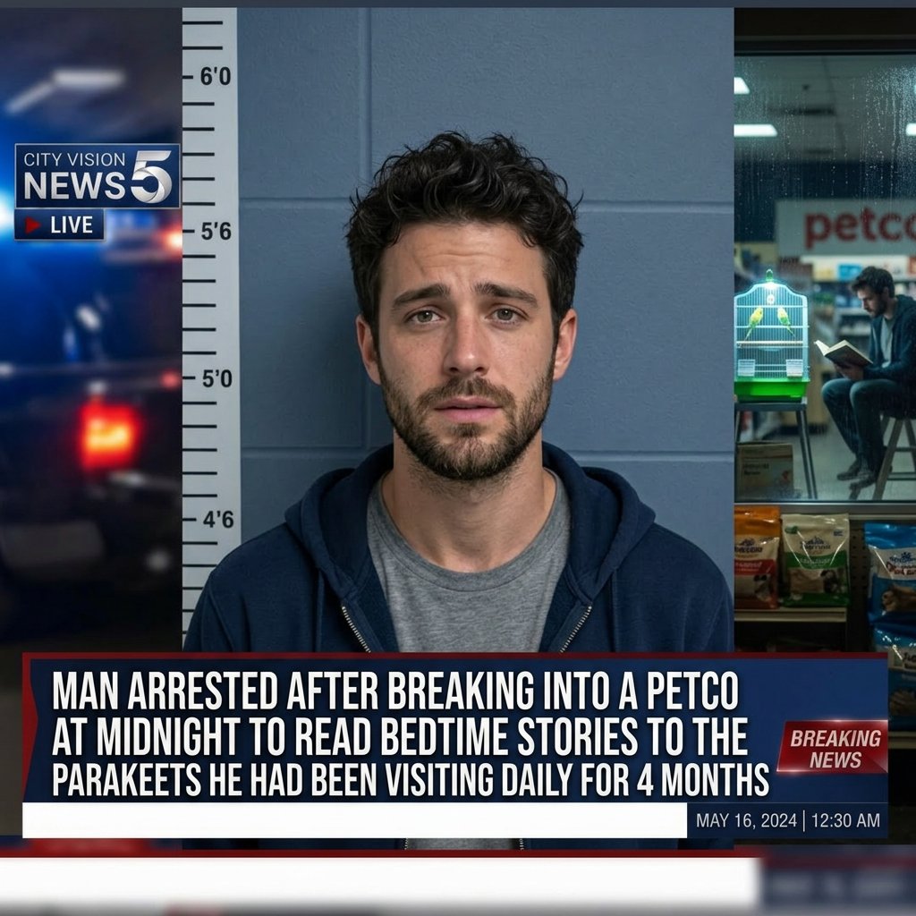 MAN ARRESTED AFTER BREAKING INTO A PETCO AT MIDNIGHT TO READ BEDTIME STORIES TO THE PARAKEETS HE HAD BEEN VISITING DAILY FOR 4 MONTHS