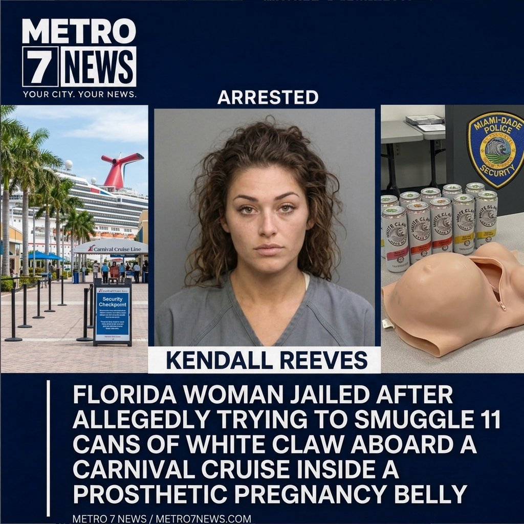 MIAMI, FL — Kendall Reeves, 29, was jailed Saturday after allegedly trying to smuggle 11 cans of White Claw aboard a Carnival cruise hidden inside a silicone prosthetic pregnancy belly at the Port of 