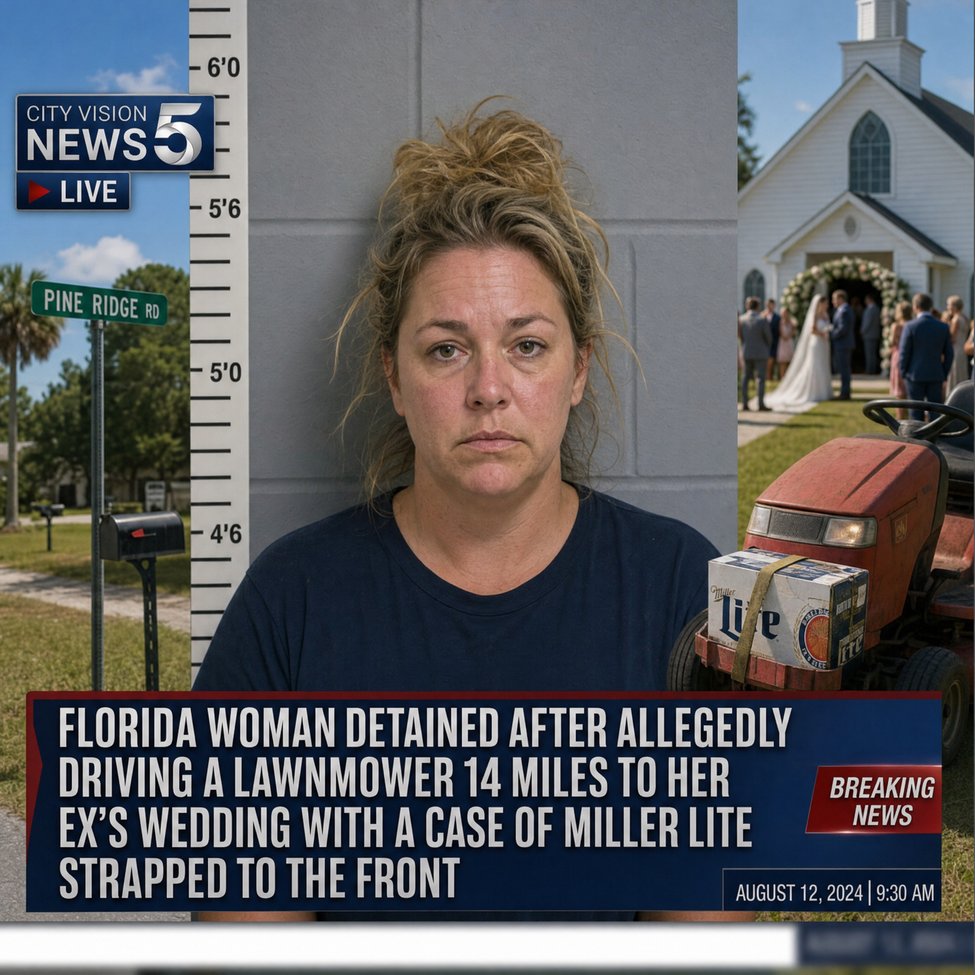 FLORIDA WOMAN DETAINED AFTER ALLEGEDLY DRIVING A LAWNMOWER 14 MILES TO HER EX'S WEDDING WITH A CASE OF MILLER LITE STRAPPED TO THE FRONT