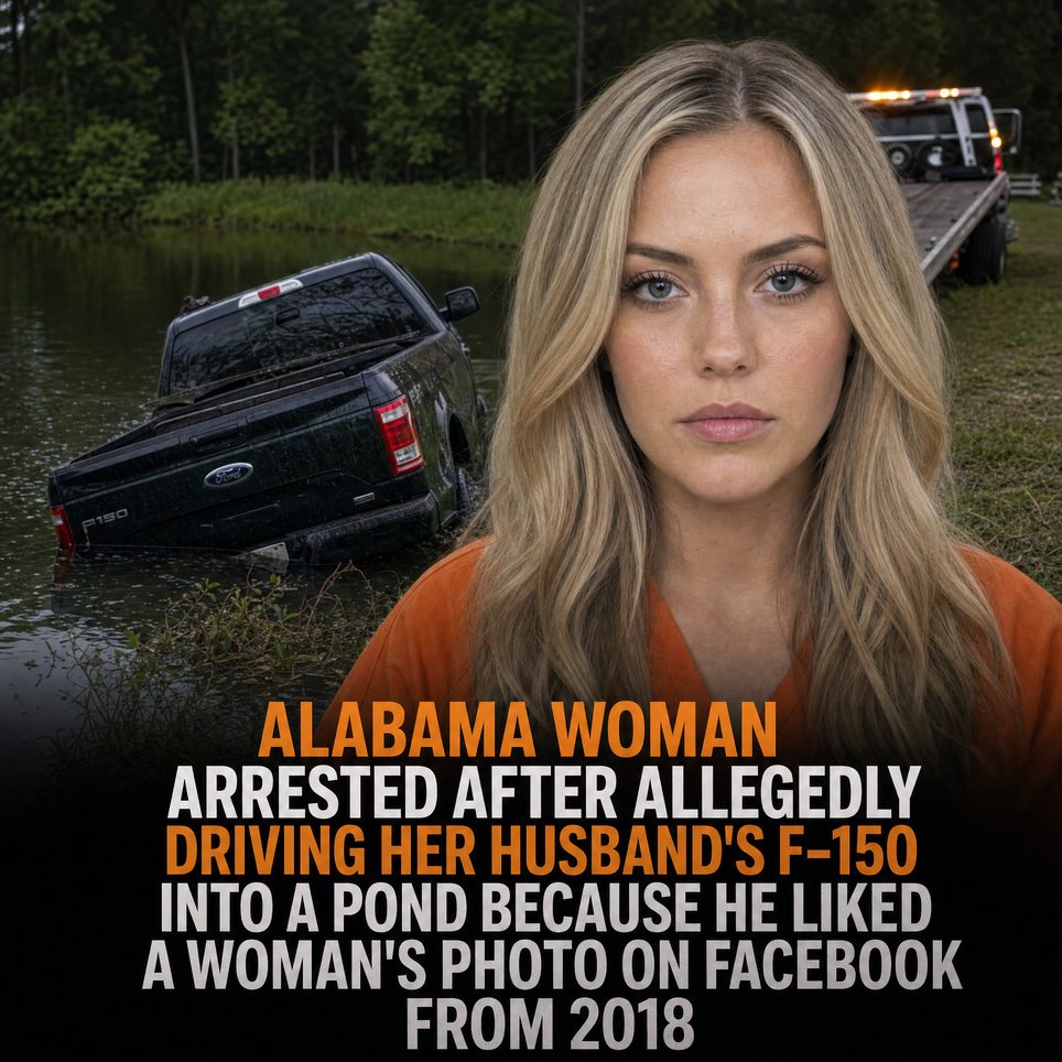 ALABAMA WOMAN ARRESTED AFTER ALLEGEDLY DRIVING HER HUSBAND'S F-150 INTO A POND BECAUSE HE LIKED A WOMAN'S PHOTO ON FACEBOOK FROM 2018