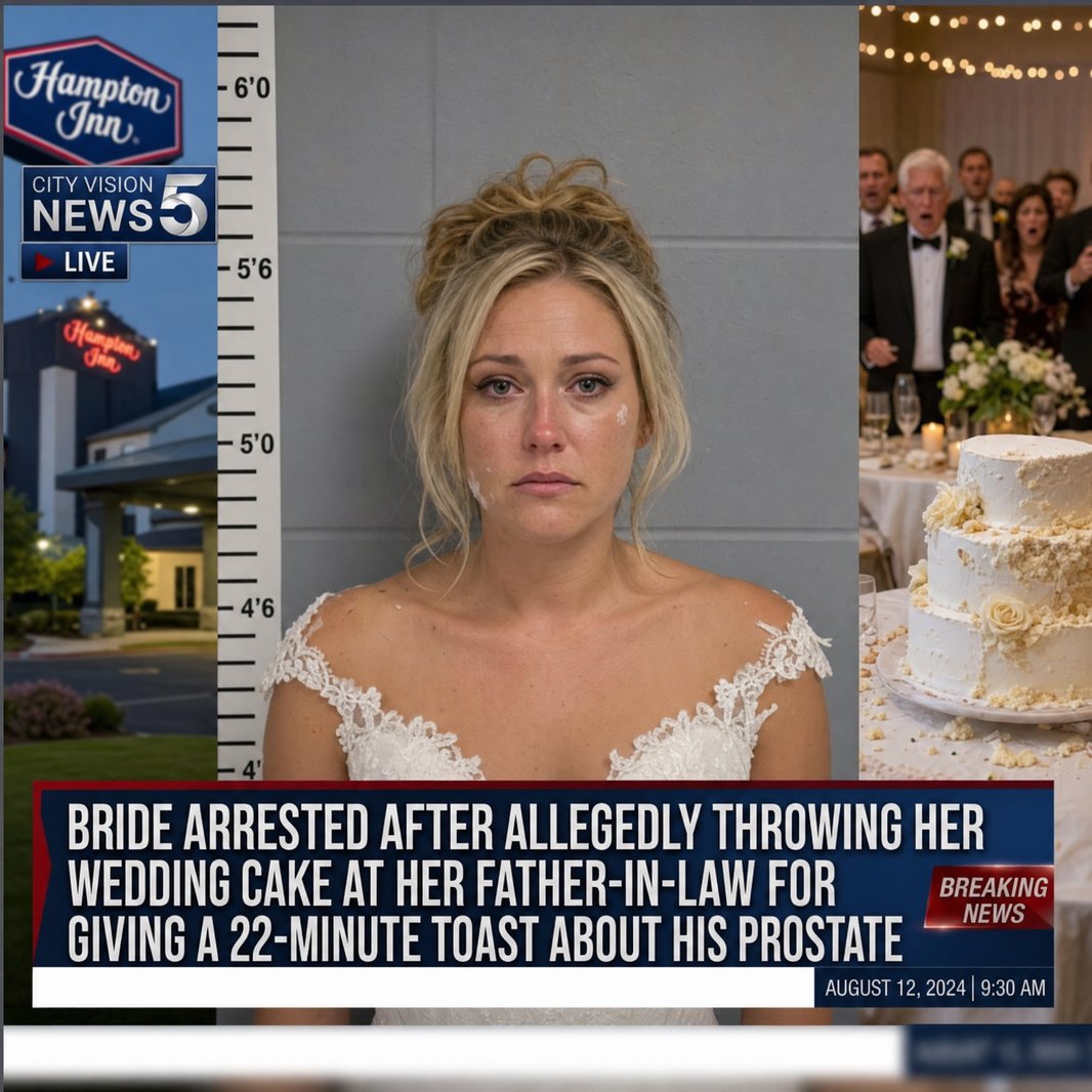 BRIDE ARRESTED AFTER ALLEGEDLY THROWING HER WEDDING CAKE AT HER FATHER-IN-LAW FOR GIVING A 22-MINUTE TOAST ABOUT HIS PROSTATE