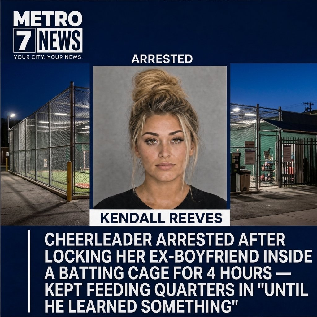 HOUSTON, TX — Kendall Reeves, 26, a competitive cheerleader, was arrested Saturday after allegedly locking her ex-boyfriend inside a batting cage for four hours and feeding quarters into the pitching