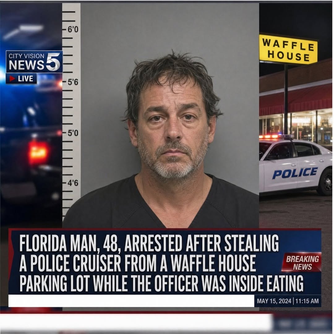 FLORIDA MAN ARRESTED AFTER STEALING POLICE CRUISER FROM WAFFLE HOUSE PARKING LOT WHILE OFFICER WAS INSIDE EATING