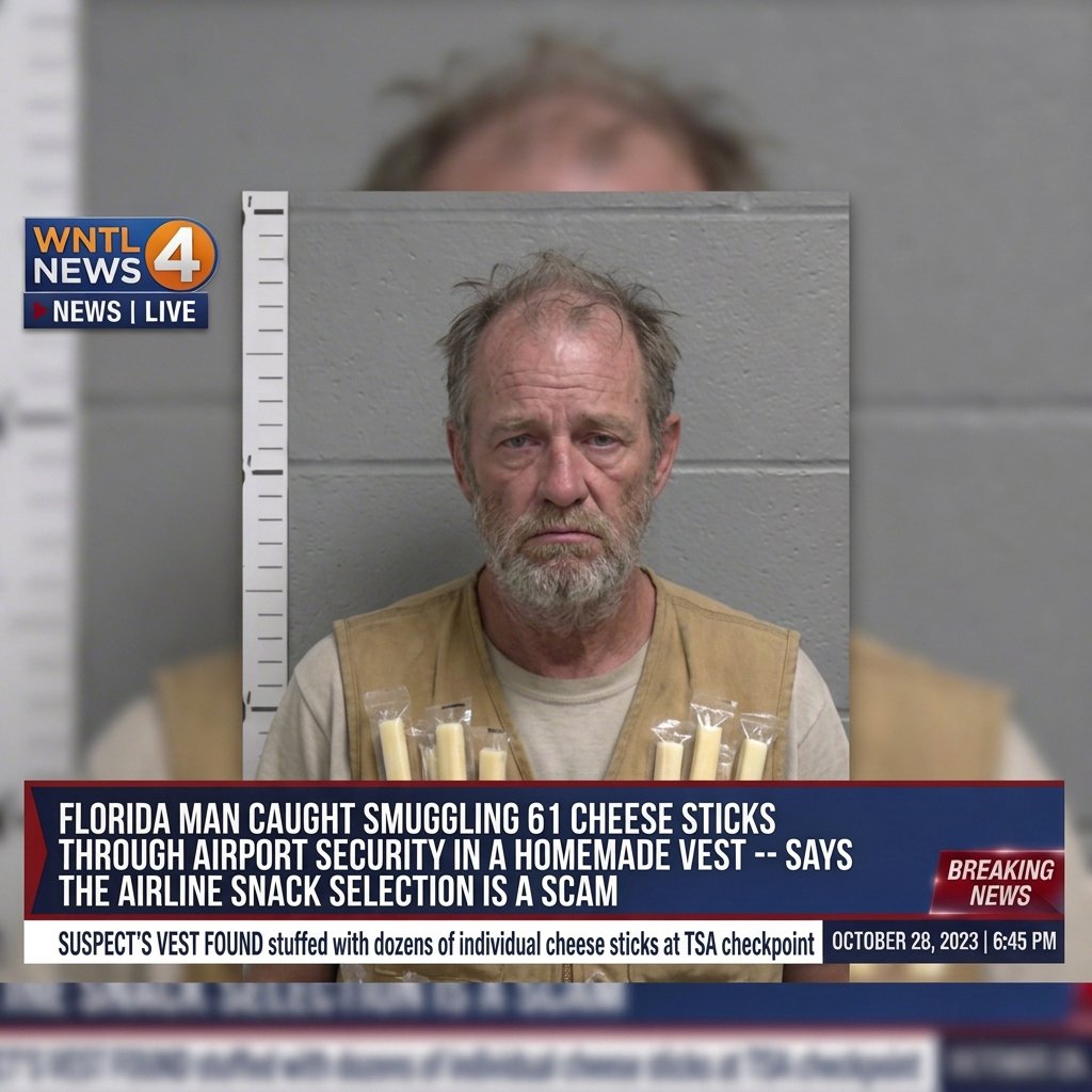 FLORIDA MAN STOPPED AT PENSACOLA AIRPORT WITH 61 CHEESE STICKS LOADED INTO A HOMEMADE CANVAS VEST -- TELLS TSA THE AIRLINE SNACK SELECTION IS A DOCUMENTED SCAM AND HE HAS THE RECEIPTS TO PROVE IT